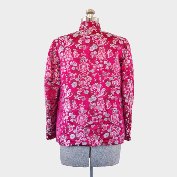 Traditional Chinese Padded Jacket Pink Silk Asian Jacket w/ Blue Accents - Picture 7 of 14